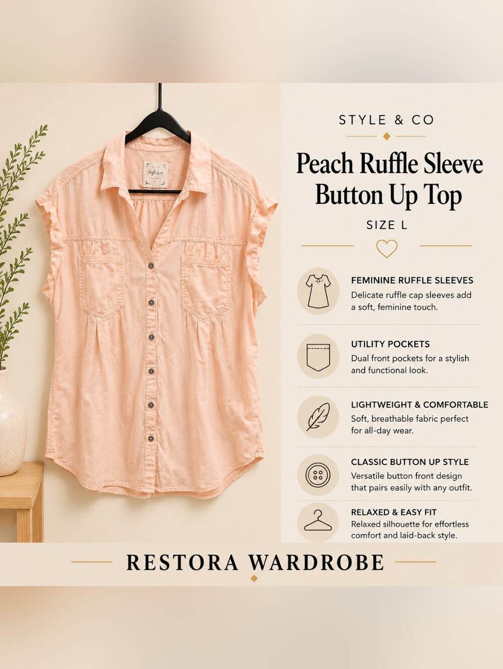 Style & Co Lyocell Utility Blouse Large Pink Button Front Shirt Top
